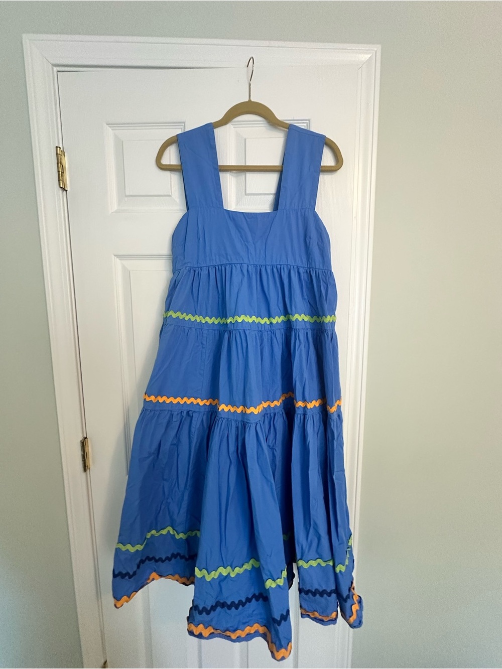 Anthropologie Blue Tiered Sundress with Colorful Rickrack Trim